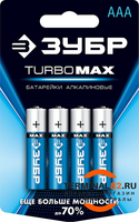 Щелочная батарейка 1.5 В, тип АА, 4 шт, ЗУБР Turbo-MAX