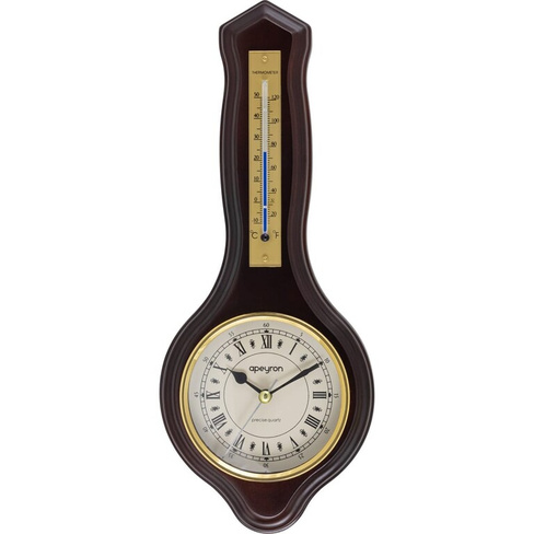 Настенные бесшумные часы Apeyron термометр, темное дерево массив гевеи, размер 33.5x13.6 см