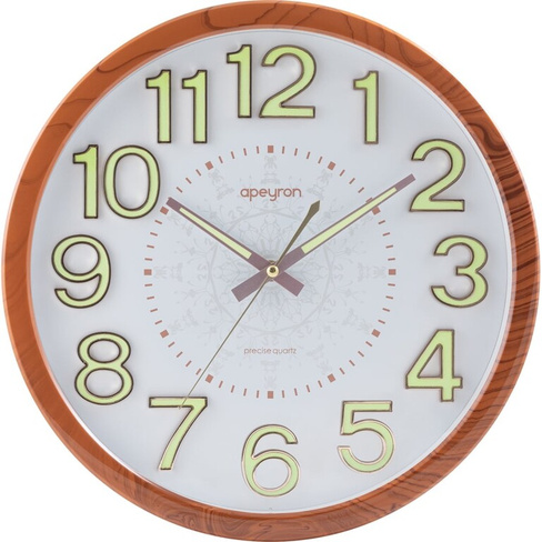 Круглые настенные бесшумные часы Apeyron светящийся циферблат 3d, цвет светлое дерево, пластик, диаметр 36.1 см