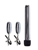 Набор для пар NippleClamps: классический вибратор и зажимы для сосков с вибрацией – серебристый с черным Baile