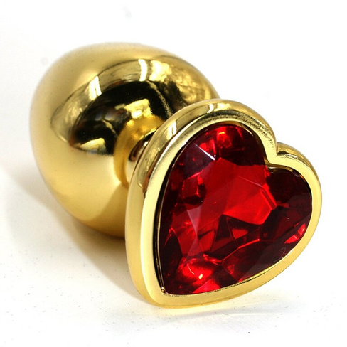 Большая алюминиевая анальная пробка Kanikule Large с кристаллом в виде сердца – золотистый с красным Beauty Brands Limit