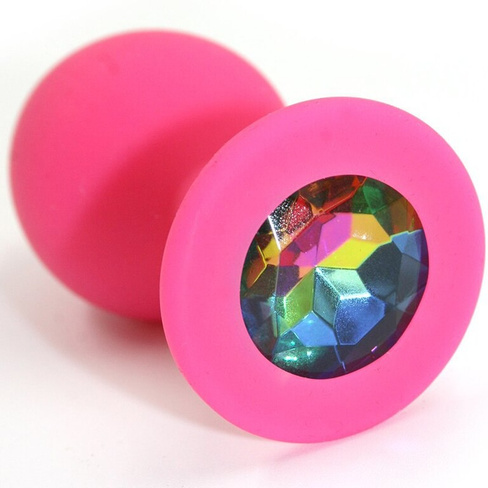 Средняя силиконовая анальная пробка Kanikule Medium с кристаллом – розовый с разноцветным Beauty Brands Limited