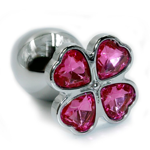 Маленькая алюминиевая анальная пробка Kanikule Small с кристаллом в форме четырехлистного клевера – серебристый с розовы
