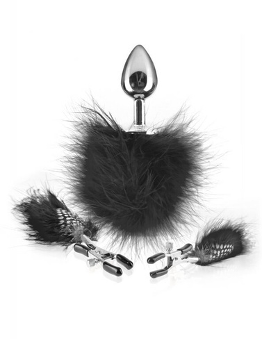 Зажимы для сосков и анальная пробка с перышками Feather Nipple Clamps & Butt Plug – черный Pipedream
