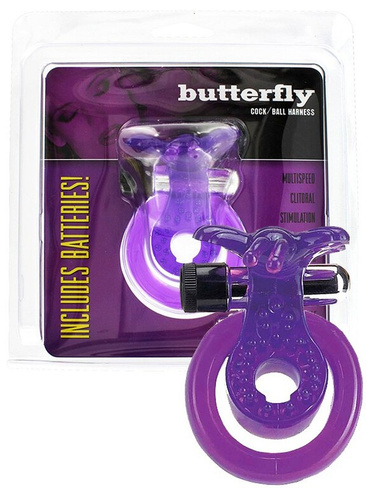 Эрекцонное виброкольцо Butterfly Cock/Ball Harness с петлей на мошонку и клиторальным стимулятором в виде бабочки – фиол