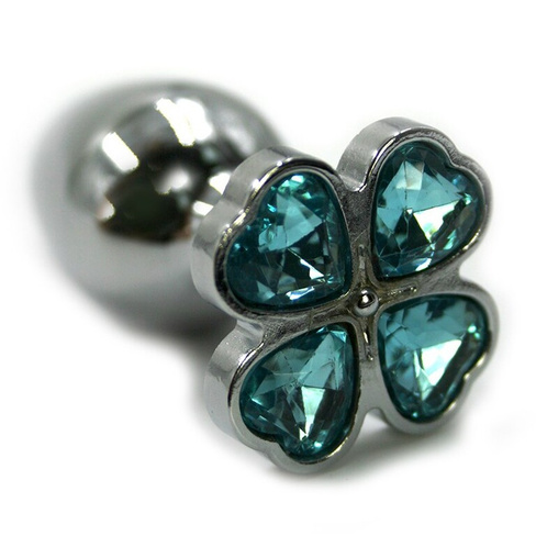Маленькая алюминиевая анальная пробка Kanikule Small с кристаллом в форме четырехлистного клевера – серебристый с голубы