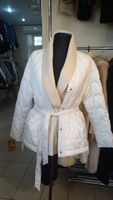 Куртка женская с поясом демисезонная белая текстиль+пух (Турция) размеры 46-52