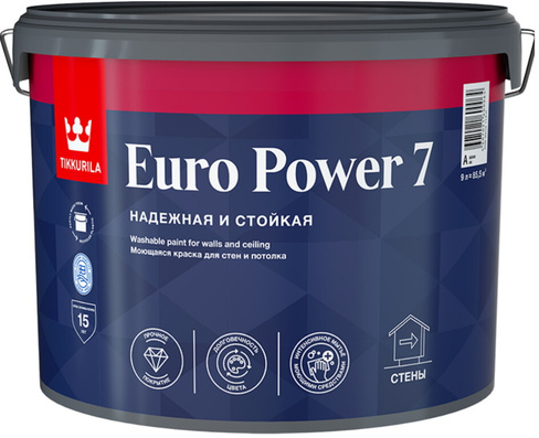 Tikkurila Euro Power 7 краска для стен и потолков бесцветная (База C) 9 л