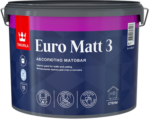 Tikkurila Euro Matt 3 акриловая краска для стен и потолков бесцветная (База С) 9 л